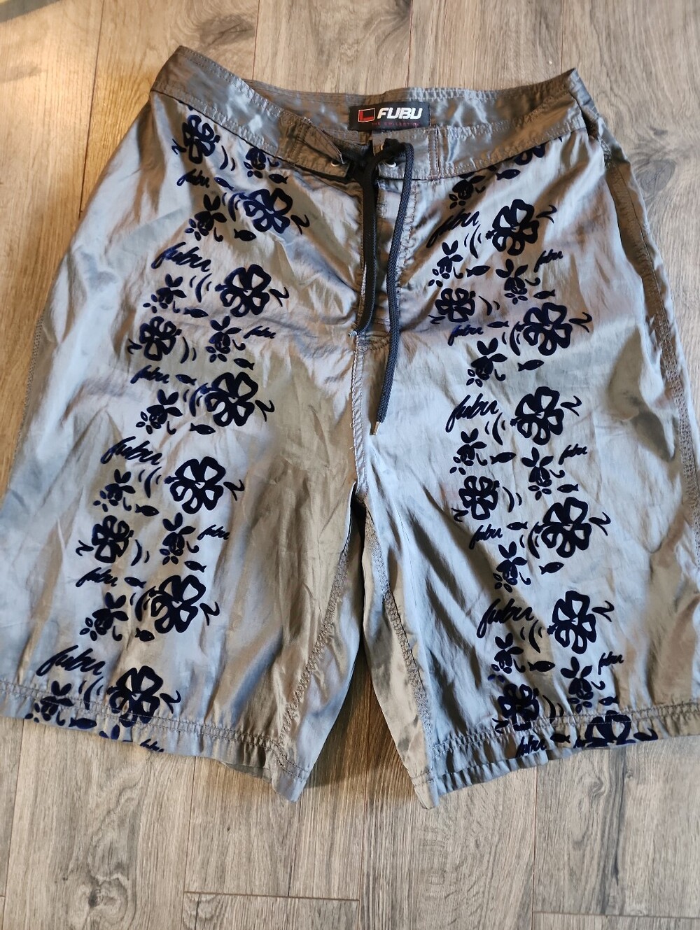 Y2k FUBU Gray Swim Board Shorts Navy Floral Print Velvet Velour Burnout Mens 36